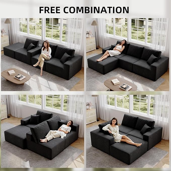 139" Boneless Cloud Sectional Couch for Living Room, Compressed Modular L-Shaped Sofa with Deep Seat, Frameless Corduroy Couch in Boxes, No Assembly Required 4-Seater (Right-Facing Chaise, Black)