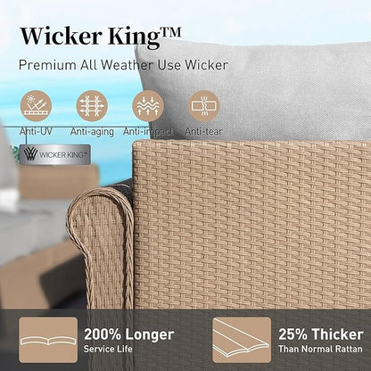 Patio Furniture Set 5 pcs, Wicker Rattan Outdoor Furniture with 5.5” Thick Cushions, 3-Seat Sofa, 2 Chairs and 2 Ottomans, Outdoor Conversation Set for Garden Backyard Deck, 7 Seats Grey