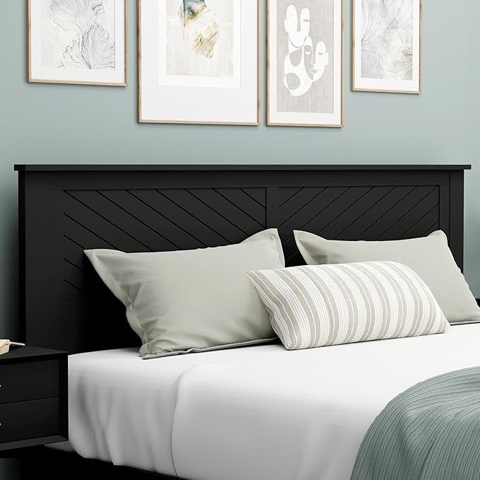 Serene Poplar Wood King Size Headboard in Black, Modern Farmhouse Panel with Chevron Scoring, Casual Coastal Style, Easy Assembly, Quality Materials