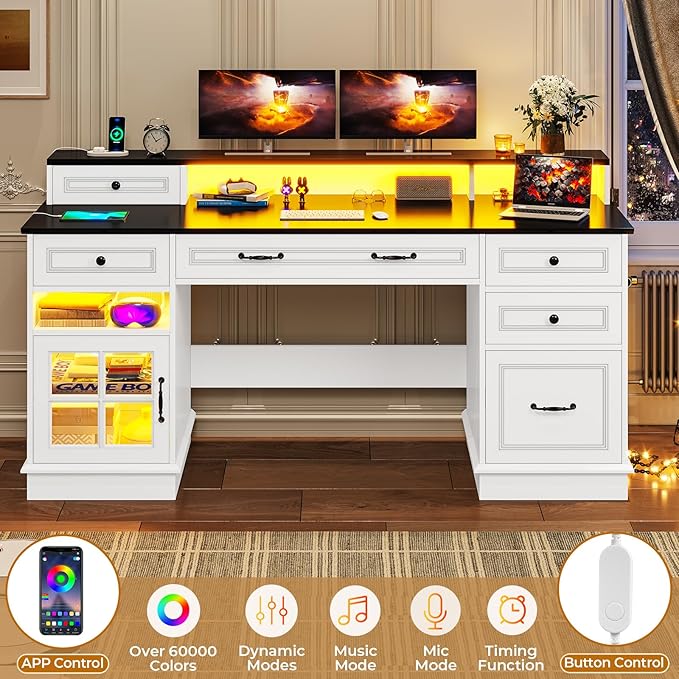 BTHFST Executive Desk with File Drawer, Computer Desk with Monitor Stand, Home Office Desk with Drawers & Storage Cabinet, Writing Desk with Charging Station & LED Lights, White