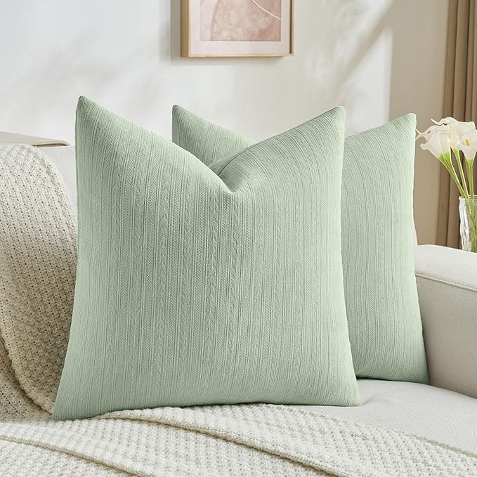 FUTEI Sage Green Decorative Throw Pillow Covers 18x18 Inch Set of 2,Soft Cozy Wheat Ear Striped Patterns Cushion Cases,Modern Home Decor for Couch Bed Living Room