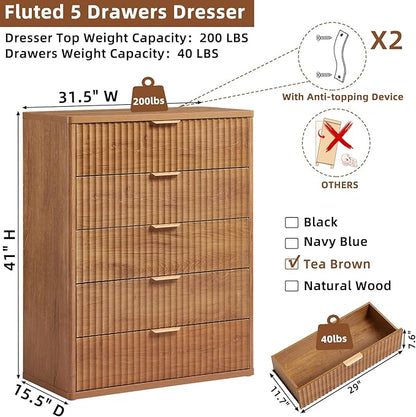 LEYAOYAO Fluted 5 Drawers Dresser for Bedroom, 41" Tall Modern Chest of Drawers with Metal Handle, Curved Profile Farmhouse Closet Organizer Wood Dressers TV Stand for Living Room, Hallway, Navy Blue