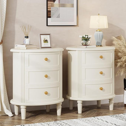 Tribesigns Nightstand with 3 Drawers, Set of 2, Oval Bed Side Table for Bedroom, Fully Assembled, Wooden Side End Table with Solid Wood Legs for Living Room, Beige White