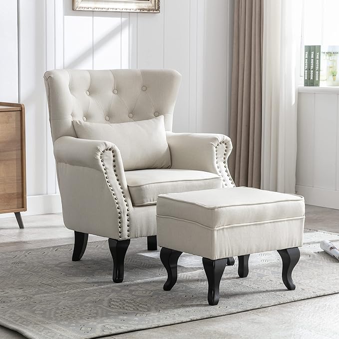 chairus Mid-Century Modern Accent Chairs with Ottoman Set of 2, Comfy Linen Single Sofa Chair Button Tufted Wingback Armchairs with Pillow for Living Room/Bedroom/Club - Beige