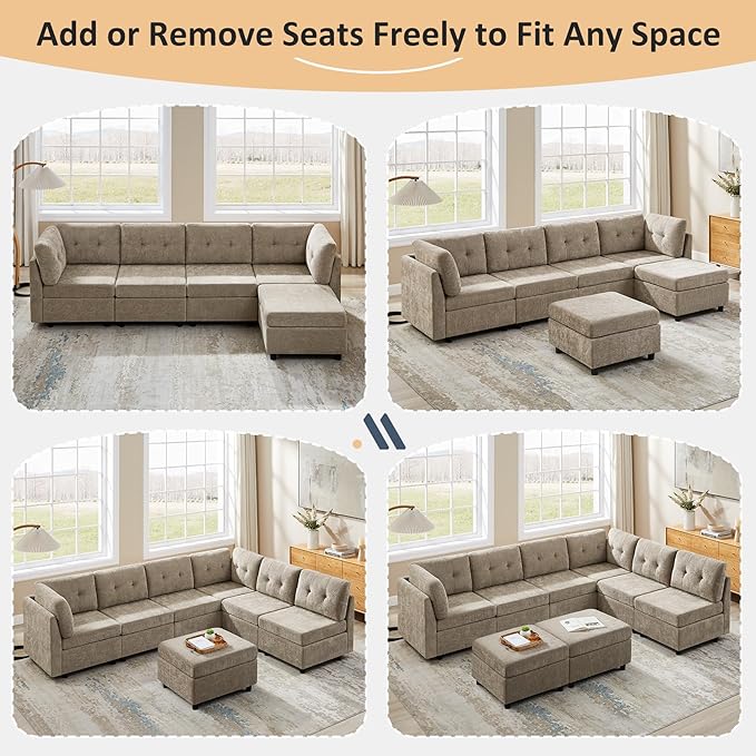 VANOMi 6 Seat Modular Cloud Sofa with 2 Ottomans, 118" Convertible Modular Sectional Sofa Bed, Comfy Chenille Sofas & Couches for Living Room, Apartment, Office, Camel, Large Sofa Bed