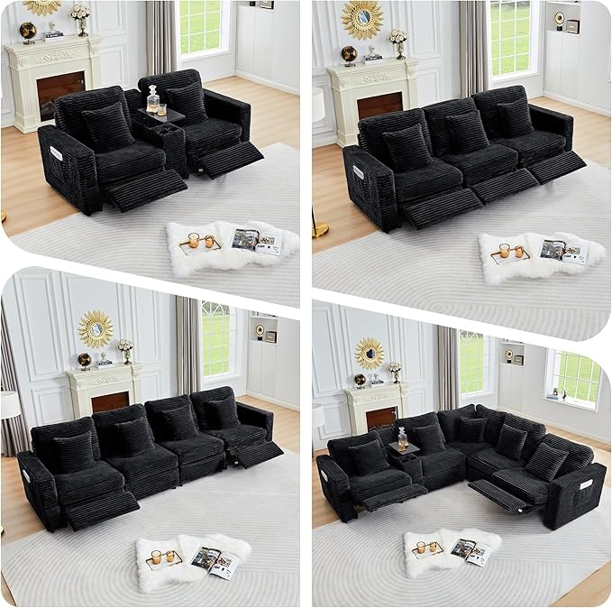ORRD Power Reclining Sectional Sofa, Electric 4 Seat Recliner with 2 Electric Footrest and Adjustable Headrest, Modern Plush Corduroy Fluffy Modular Sectional with Deep Seat for Living Room-Black