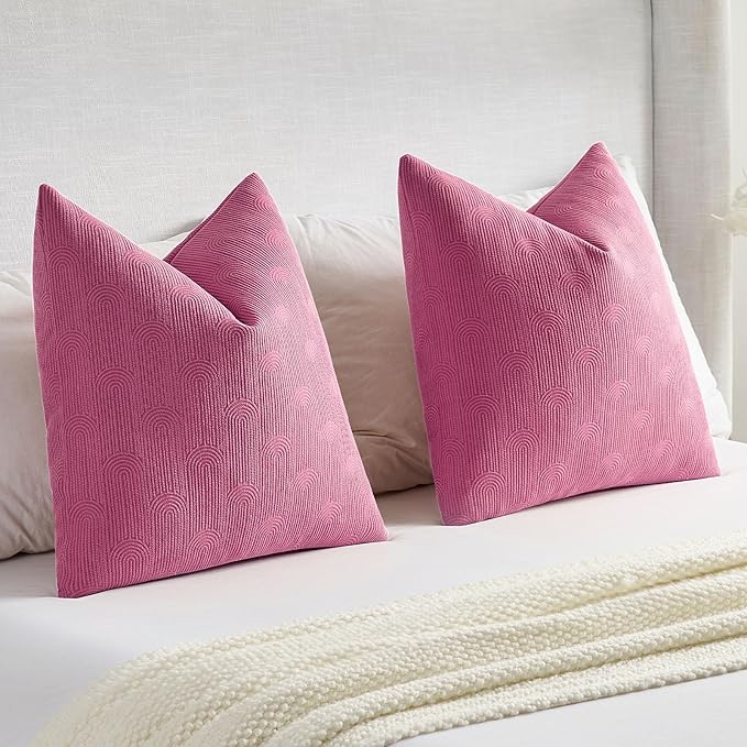 FUTEI Hot Pink Chenille Decorative Throw Pillow Covers 24x24 Inch Set of 2,Soft Cozy Striped Geometric Patterns European Cushion Cases,Modern Home Decor for Couch Bed Living Room