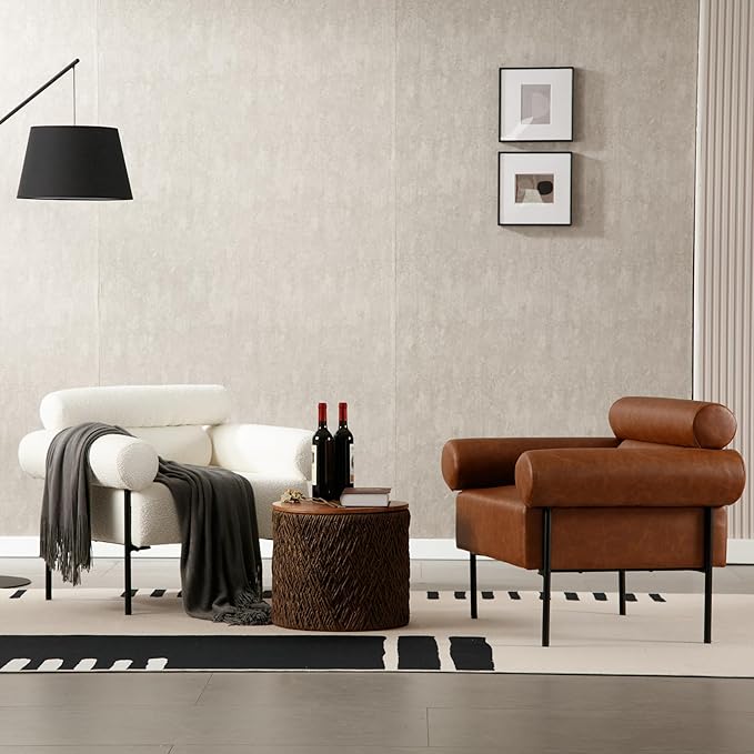 Modern Accent Chairs Set of 2, Single Sofa Accent Chairs for Living Room, Oversized Upholstered Leather Mid-Century Office Reading Armchairs with Channel Tufted for Bedroom, Brown