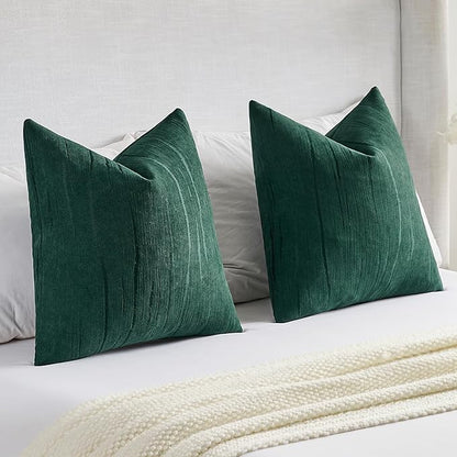 FUTEI Dark Green Chenille Decorative Throw Pillow Covers 20x20 Inch Set of 2,Soft Embossed Striped Textured Cushion Case,Modern Home Decor for Couch Bed Living Room