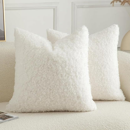 Pack of 2 Curly Teddy Wool Faux Fur Throw Pillow Covers Fuzzy Accent Soft Sherpa Pillowcases Sheepskin Fleece Decorative Cushion Case for Sofa Couch Living Room 22x22 Inch Neutral White