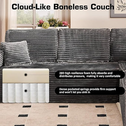 Weaxty Boneless Sectional Couch, Oversized U Shaped Modular Cloud Couches, Plush Corduroy Memory Foam Deep Seat Floor Sofa, No Assembly Required，Gray