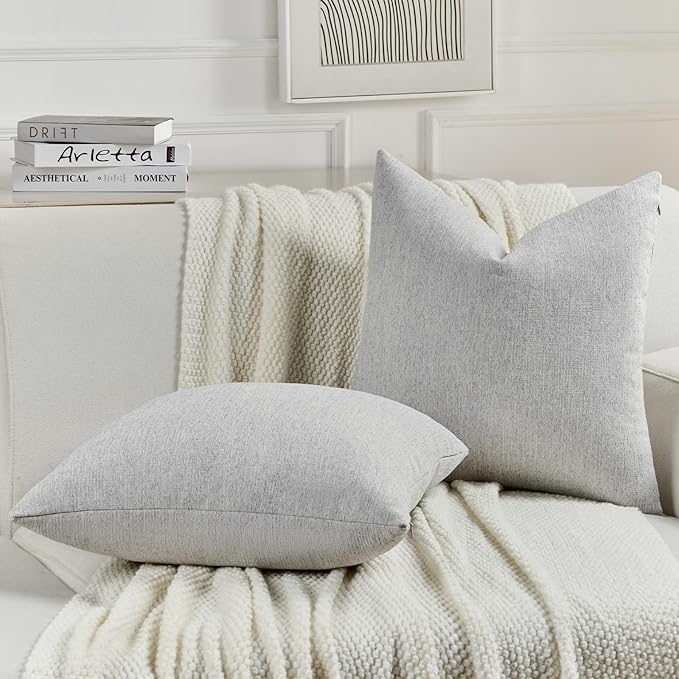FUTEI Light Grey Chenille Decorative Throw Pillow Covers 12x20 Inch Set of 2,Soft Cozy Faux Linen Textured Lumbar Pillow Cases,Farmhouse Home Decor for Couch Living Room