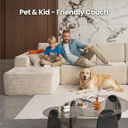 Cloud Sectional Couch with Chaise, Boneless U-Shaped Cloud Couch with Deep Seat, Soft Plush Modern Minimalist Sofa, Assembly Free Modular Floor Sofa for Office Living Room Apartment, Beige