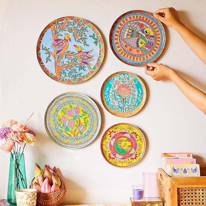 RITUALISTIC Madhubani Wall Plates for home decoration | Wall decor items for living room | Metal Wall décor | Gift items for unisex |wall art | Home Décor & Christmas Gift Items | Set of 5 plates
