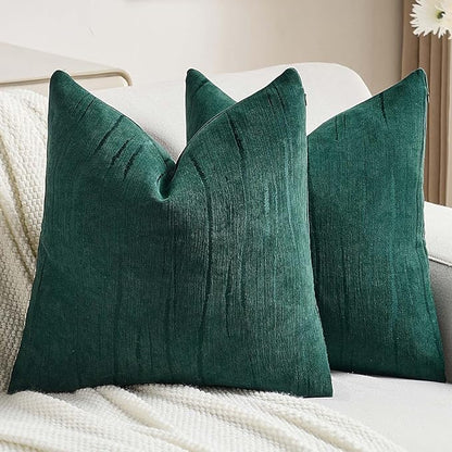 FUTEI Dark Green Chenille Decorative Throw Pillow Covers 22x22 Inch Set of 2,Soft Embossed Striped Textured Cushion Case,Modern Home Decor for Couch Bed Living Room