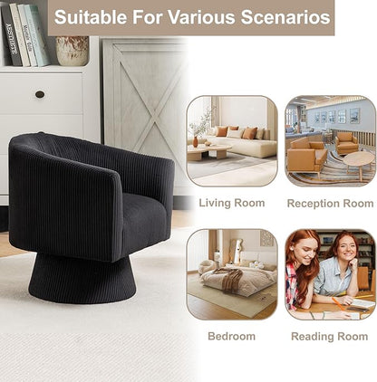 Swivel Accent Chair Set of 2, Modern 360° Swivel Barrel Chair, Corduroy Upholstered Single Sofa for Living Room, Bedroom(Black)