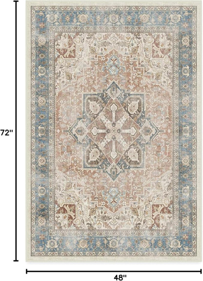 RUGGABLE Washable Vintage Area Rug – Kamran Coral 4x6, Stain-Resistant, Non-Slip – Medium Machine Washable Rugs for Living Room, Bedroom, Hallway, Entryway & Office–with Standard Pad