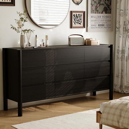 Dresser for Bedroom with 9 Drawers,63" Wide Black Dresser with 4 Solid Wood Legs, Wooden TV Stand,Closet Clothes Organizer for Bedroom, Hallway
