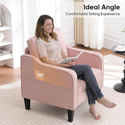 Accent Chairs Set of 2, Upholstered Living Room Chair with Side Pockets, Mid Century Modern Reading Chair for Bedroom, Comfy Armchair Single Sofa Side Chair for Office, Small Room, Pink