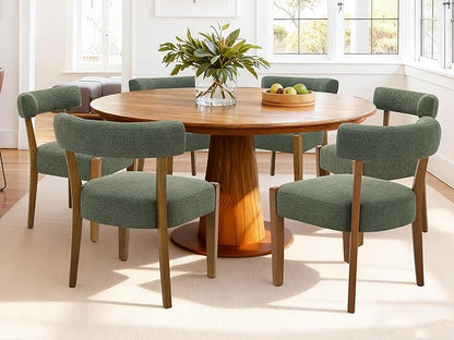 Modern Green Dining Chairs Set of 4, Walnut Upholstered Kitchen & Dining Room Chairs, Mid Century Modern Wooden Dining Chairs Oversized Sturdy Fabric Rounded Chairs Curved Back