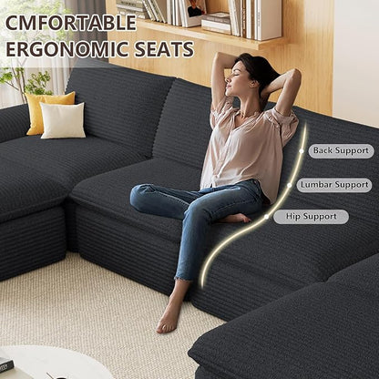 113.03" Sectional Couches for Living Room Modern Modular Sofa Couchs Upholstered Corduroy Boneless Couch Deep Seat Cloud Couch with Ottoman, No Assembly Required, Black