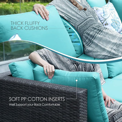 NICESOUL 10 Piece Modern Outdoor Furniture Set with Natural Gas/Propane Fire Pit Table, 29.3'' High-Back Extra Large Patio Sectionals with Firepit, Deep Wide All-Weather Rattan Sofas, Turquoise & Gray