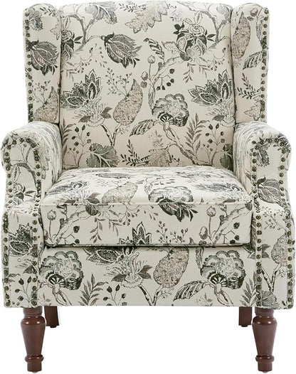 UIXE High Back Floral Accent Chairs Set of 2, Fabric Upholstered Armchair for Living Room, Retro Printed Wingback Arm Chair Nailhead Trim Single Sofa Bedroom Reading Seat - Beige Plants