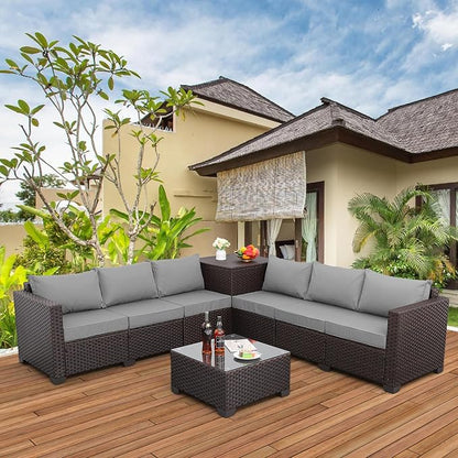 Valita Wicker Patio Furniture 6 Pieces Outdoor Sectional Sofa Patio Conversation Sets Patio Loveseat Outdoor Sofa with Patio Storage Box and Non-Slip Grey Cushions