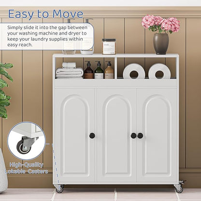 Bathroom Storage Cart with Doors，3-Door Cabinet & Divided Open Shelf，Rolling Organizer Cart for Bathroom, Toilet，White (2)