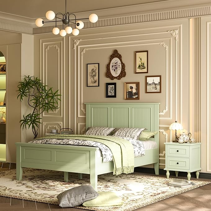 Scurrty Modern Headboard with Vintage Wood Frame,Antique Style Wood Headboard Queen Size, Bedroom Furniture (Green)