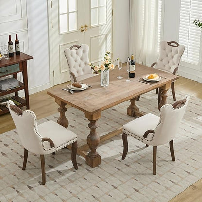 Velvet Dining Chairs Set of 4, Solid Wood Handles, Wooden Upholstered Dining Chair, Vintage Copper Nail Decoration, Mid Century Modern Kitchen Chair (Beige, Set of 4)