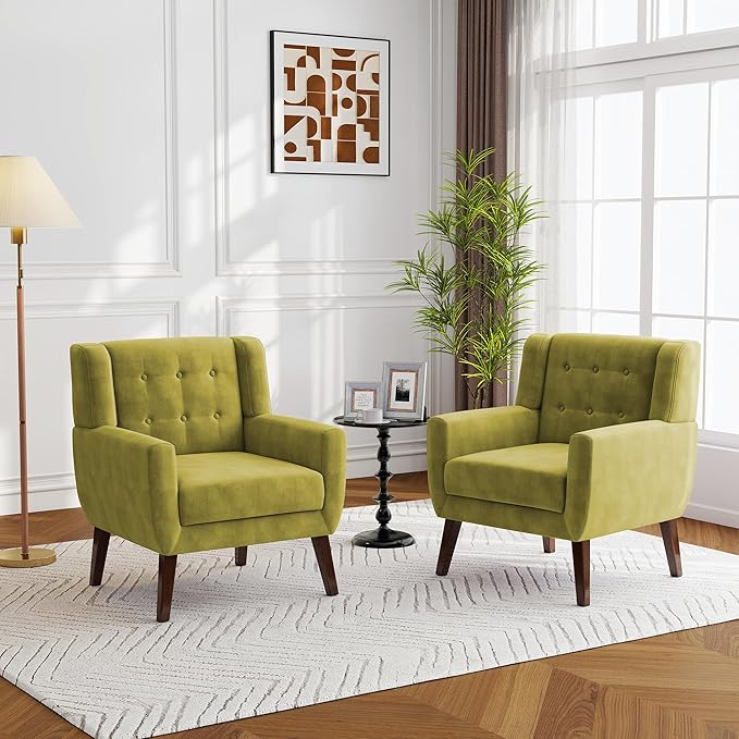 Lumibee Accent Chairs Set of 2, Velevet Fabric Armchairs for Living Room, Comfy Upholstered Arm Chairs Tufted for Indoor Bedroom Office Room (Green Velvet)
