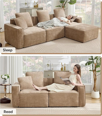 WILLOVE Modular Sectional Sofa Set, Chenille Cloud Couch with Wide Armrests & 8 Pillows, Deep Seat Couches for Living Room, 4-Seater Khaki