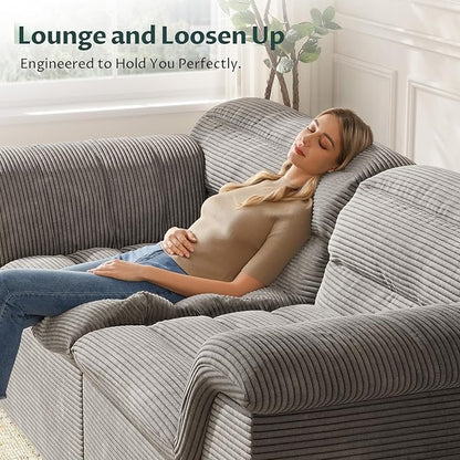 88" Sofa with Deep Seats Oversize, 3 Seater Cloud Couches, Upholstered Corduroy Couch for Living Room Bedroom, No Assembly Required, Light Gray