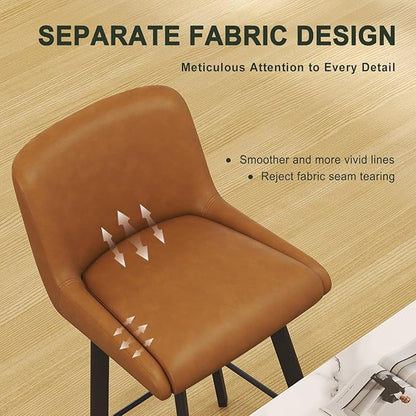 Swivel Counter Height Bar Stools Set of 2, 30''H Upholstered Barstools with Backs, Modern Bar Stool Chairs for Kitchen Island, Metal Legs, Faux Leather, Whiskey Brown Stools Counter Chair