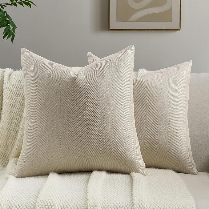 FUTEI Beige Chenille Throw Pillow Covers 18x18 Inch Set of 2,Soft Wide Chevron Textured Cushion Case,Farmhouse Home Decor for Couch Bed Living Room