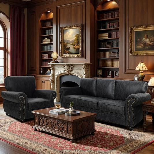 Living Room Furniture Sets,Sofa Sets and Couch Sets for Living Room,Mid-Century Vintage Sofa Couches with Rivet Design (Grey, Single+3 Seater)