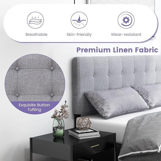 KOMFOTT Linen Upholstered Headboard for Full & Queen Size Bed Frame, Modern Tufted Button Bed Headboard with Solid Rubber Wood Legs, Rectangular Headboard with Adjustable Width, Gray
