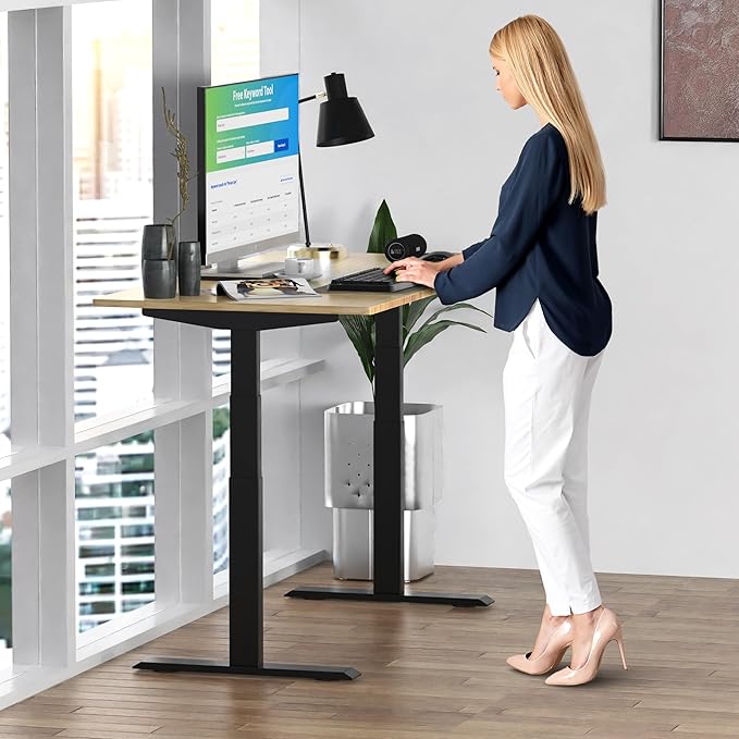 Rise Up Electric Standing Desk Adjustable Height 27-47" Dual Motor One Piece 60x30 Bamboo Large Standing Desk, Sit Stand Desk Rising Desk Home Office