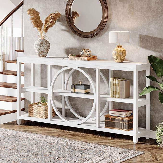 Tribesigns 70.9 Inch Extra Long Console Table for Entryway, Sofa Table Behind Couch with 3 Tier Wood Storage Shelves Industrial Metal Frame for Living Room Hallway Entryway, Pure White