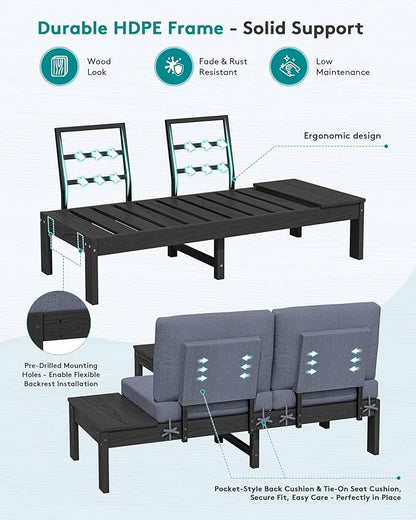 SERWALL HDPE Patio Furniture Set with 15FT Double Side Patio Umbrella, Outdoor Sofa Set, Seats 4, Modular Sectional Couch for Patio, Garden, Backyard, Black Frame with Grey Cushion