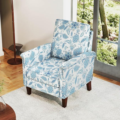 GOFLAME Floral Accent Chairs Set of 2, Comfy Upholstered Armchairs with Rubber Wood Legs and Thick Padded Cushion, High Back Single Sofa Chairs, Reading Side Chairs for Living Room, Bedroom, Blue