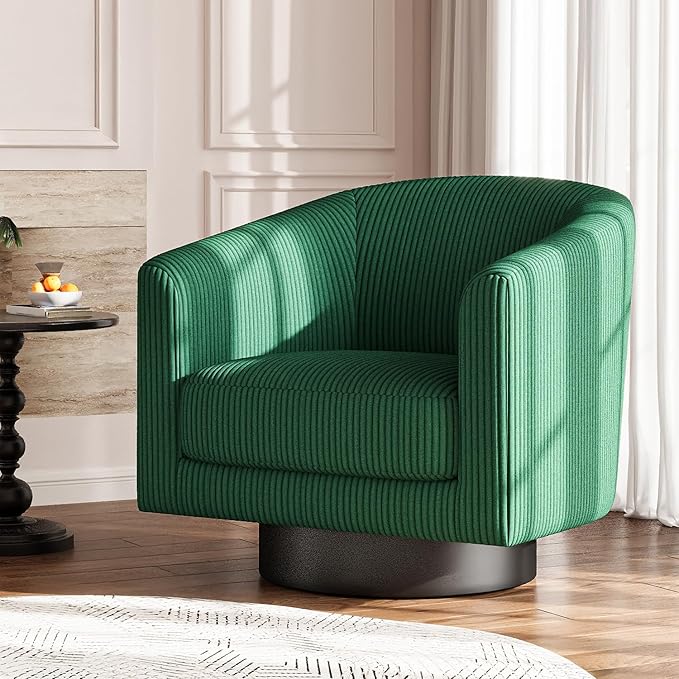 360° Swivel Accent Chairs, Modern Bucket Chair, Corduroy Barrel Armchair, Comfy Boucle Chair, Single Sofa for Living Room Bedroom. Green