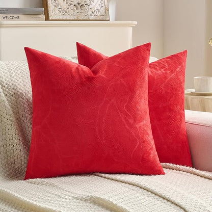 FUTEI Christmas Red Velvet Throw Pillow Covers 18x18 Inch Set of 2,Soft Embossed Leaf-Relief Textured Cushion Cases,Natural Home Decor for Couch Living Room