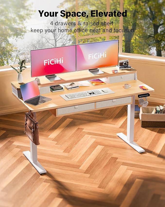FiCiHi Adjustable Height Standing Desk with 4 Drawers,55 x 24 inches Electric Sit Stand Home Office Desk with Two Tiers, 3 Memory Presets, Monitor Stand Riser