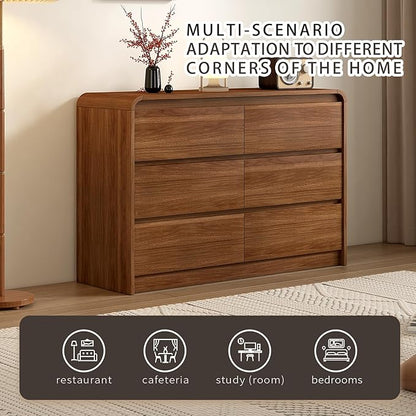 55 Inch Dresser For Bedroom 6 Drawer Wood Chest of Drawers - Curved Anti Collision, Mid Century Dresser For Closet with Natural Texture & Pre-Embedded Slots for TV Stand, Living Room, Nursery