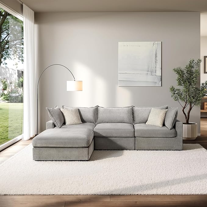 118.5" Down Filled Cloud Couch, Chenille Modular Sectional Sofa with Storage Ottoman, 3-Seater L Shape Sofa with Throw Pillows, Mordern Sectional Couches for Living Room, Light Grey