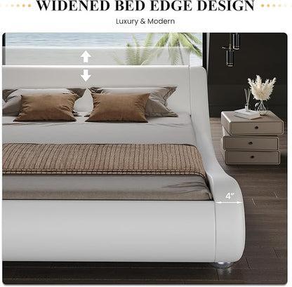 SHA CERLIN King Size Upholstered Bed Frame, Deluxe Low Profile Sleigh Bed with Faux Leather Ergonomics Headboard, No Box Spring Needed & Easy Assembly, White