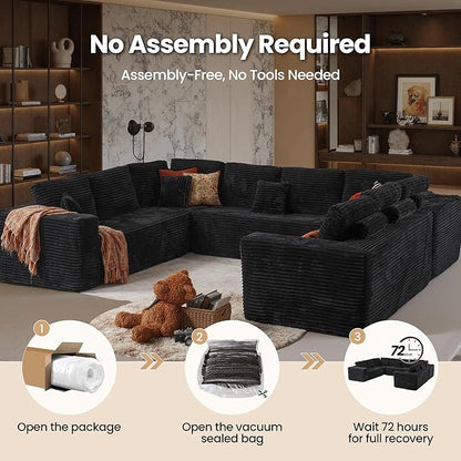 Cloud Sectional Couch with Loveseat, Boneless U-Shaped Cloud Couch with Deep Seat, Soft Plush Modern Minimalist Sofa, Assembly Free Modular Floor Sofa for Office Living Room Apartment, Black