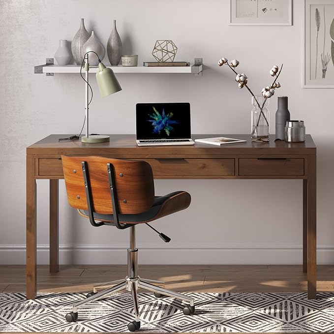 SIMPLIHOME Hollander Desk - 60-Inch Wide Solid Wood Writing Desk in Medium Saddle Brown, Contemporary Home Office Computer Table for Workspace or Study with 2 Drawers and Flip-Down Keyboard Tray